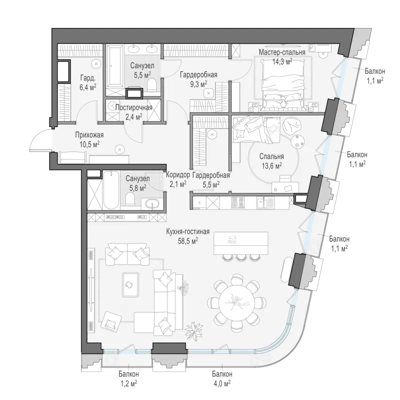 3-комн. 134.8 м²
