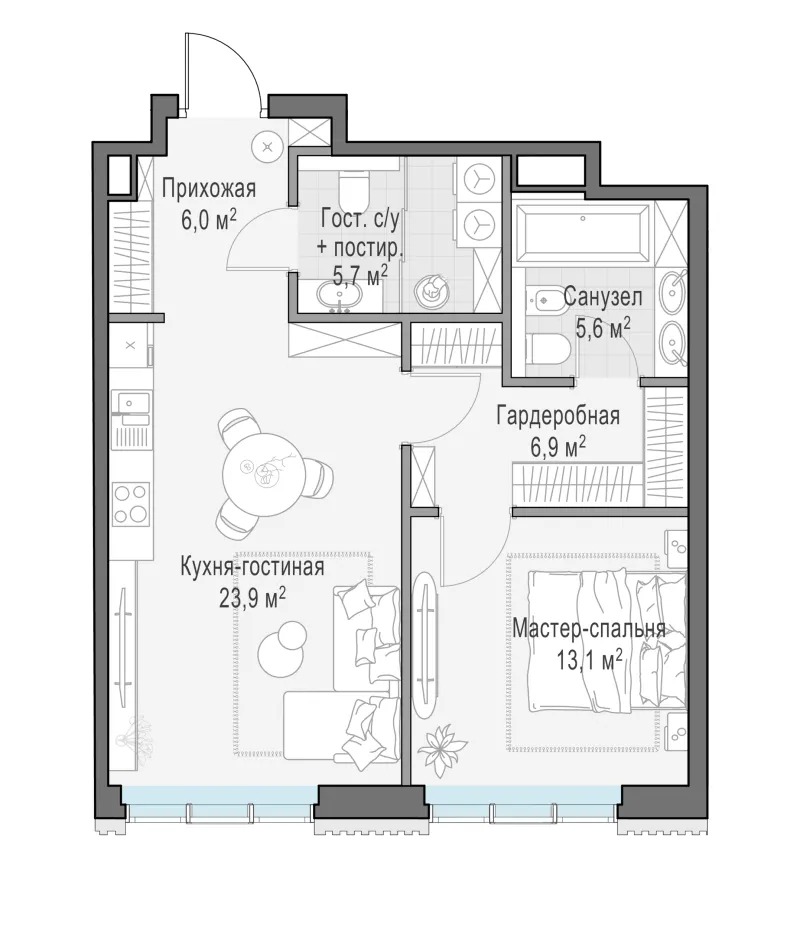 1-комн. 61.3 м²