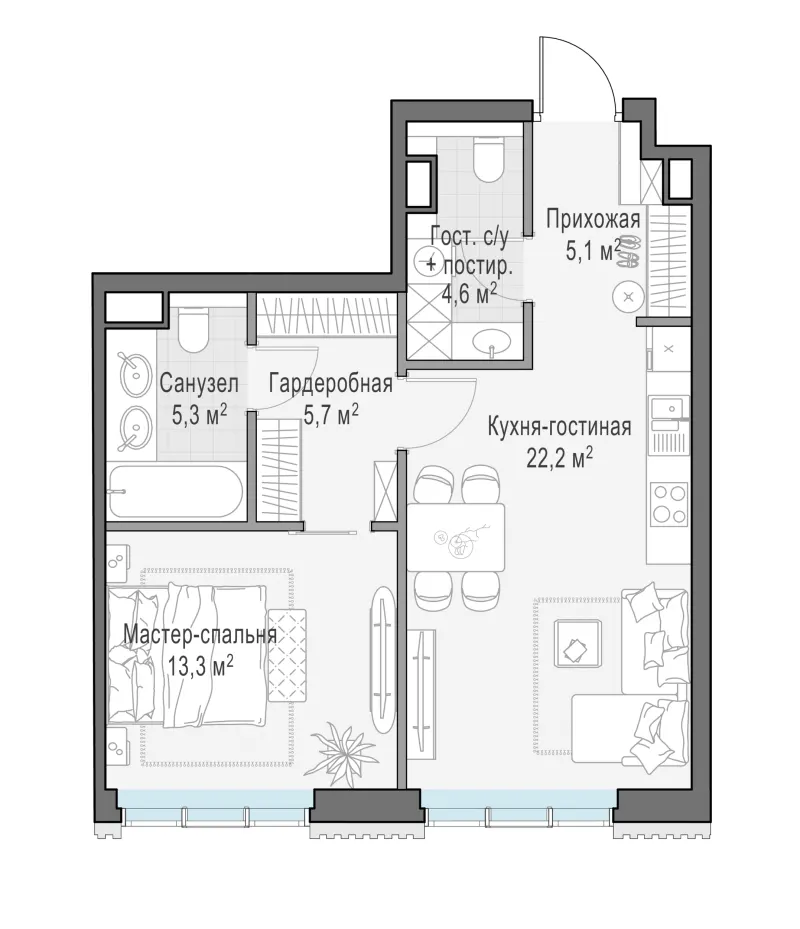 1-комн. 56.2 м²