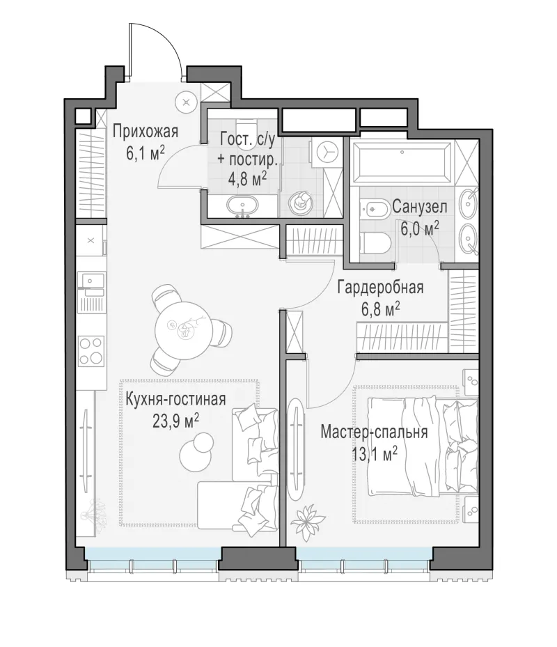 1-комн. 60.7 м²