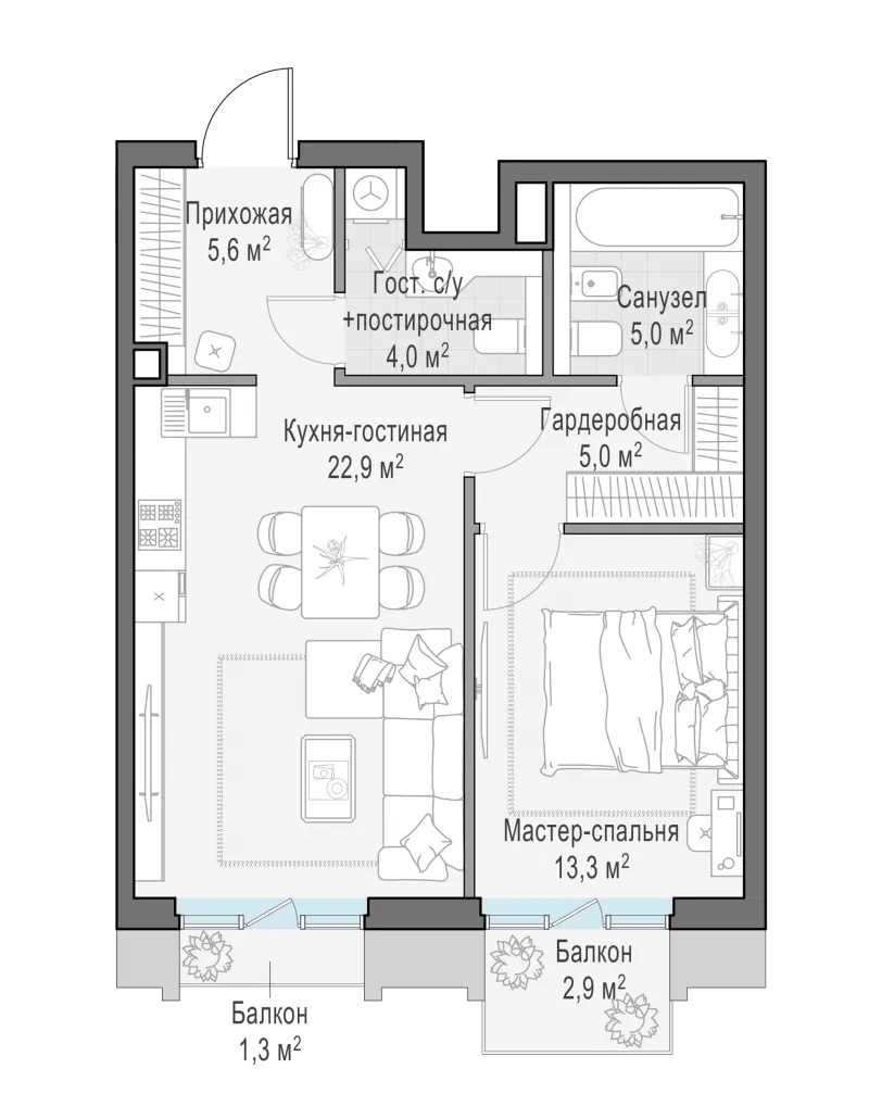 1-комн. 57.9 м²
