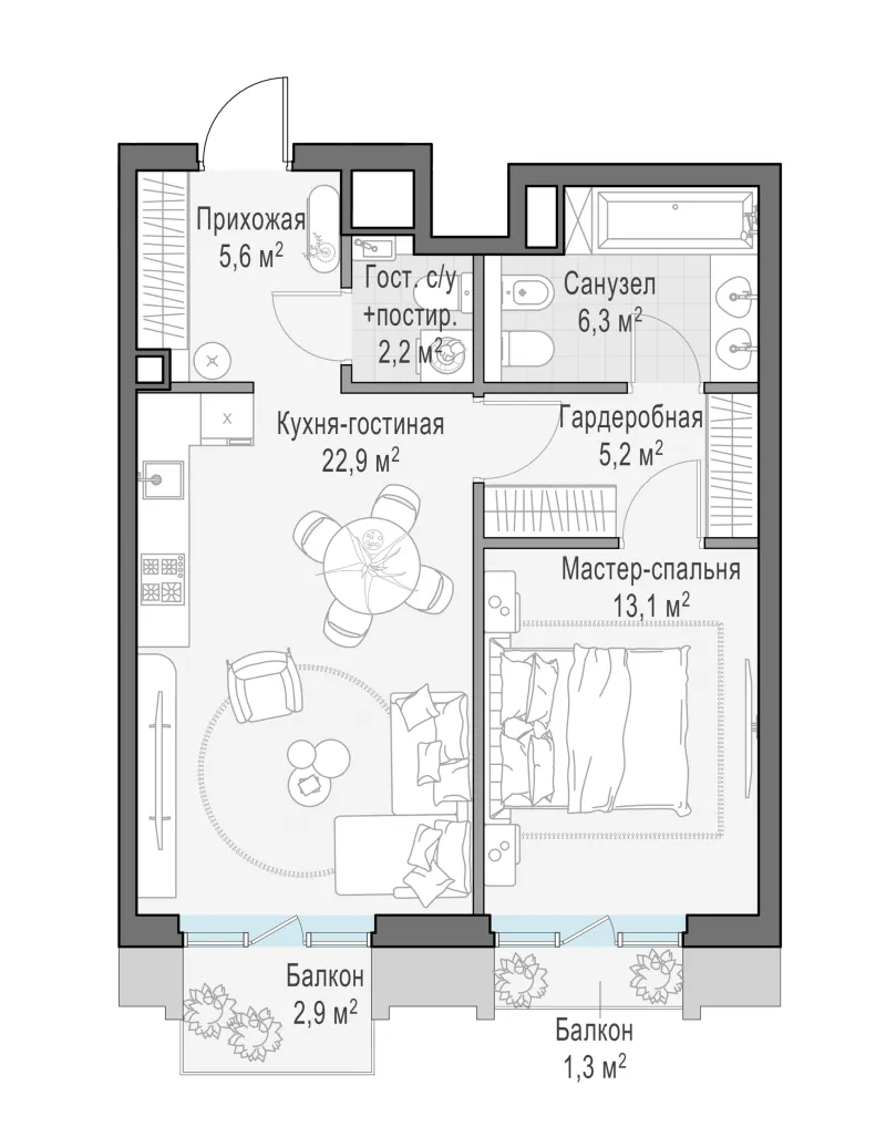 1-комн. 57.4 м²