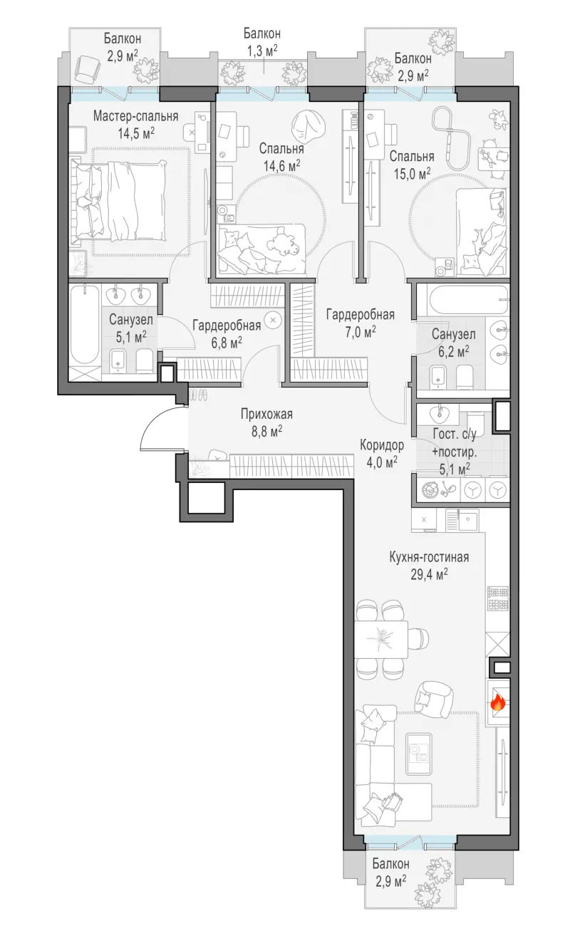 3-комн. 121.9 м²