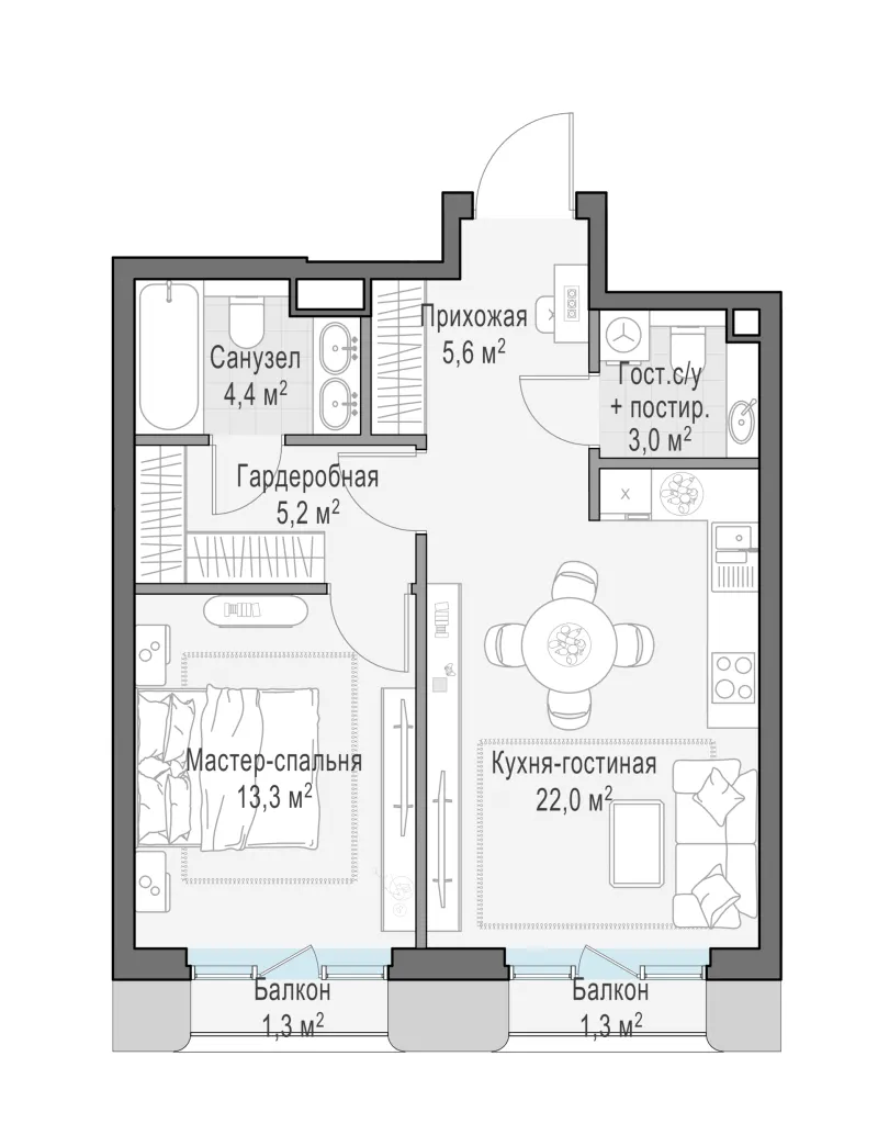 1-комн. 54.6 м²