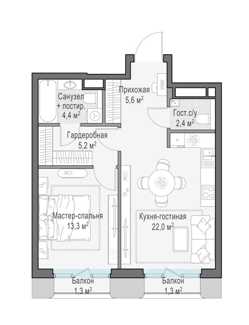 1-комн. 54 м²