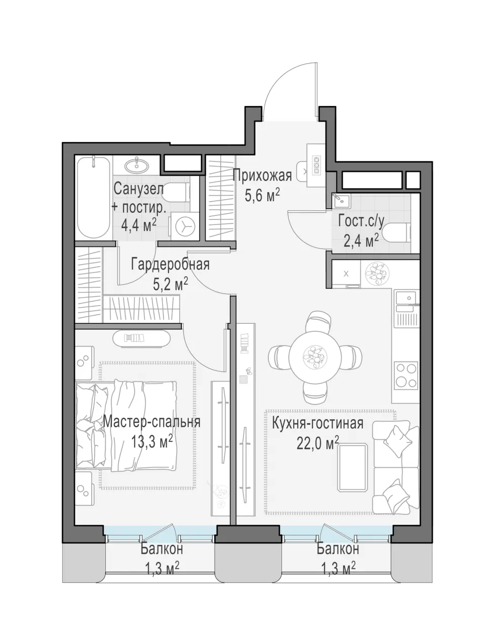 1-комн. 54 м²