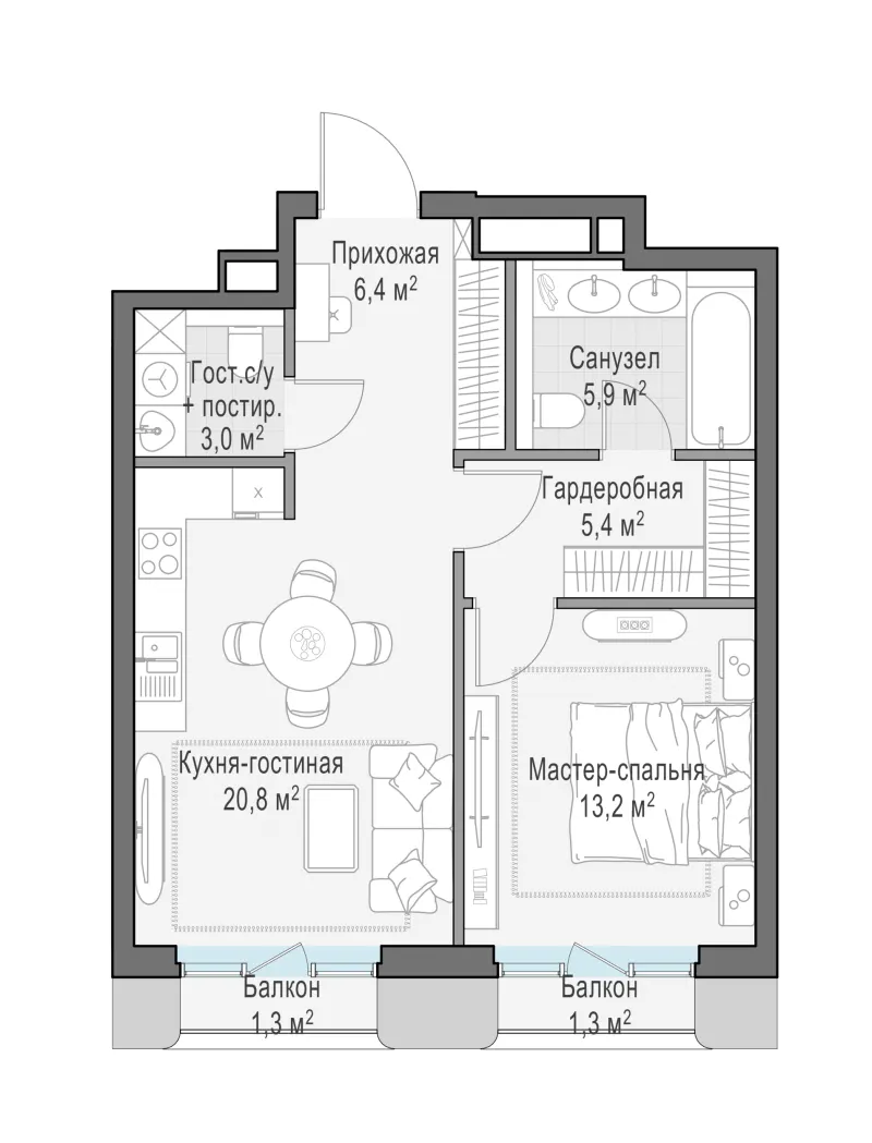 1-комн. 55.6 м²