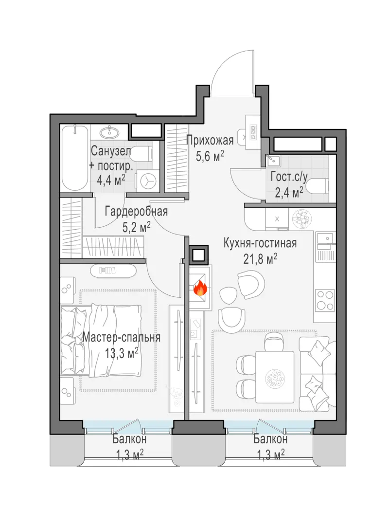 1-комн. 53.7 м²