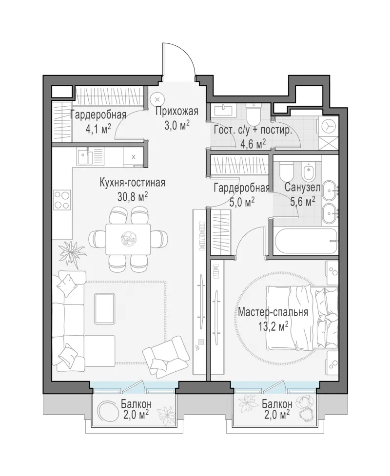 1-комн. 68.6 м²