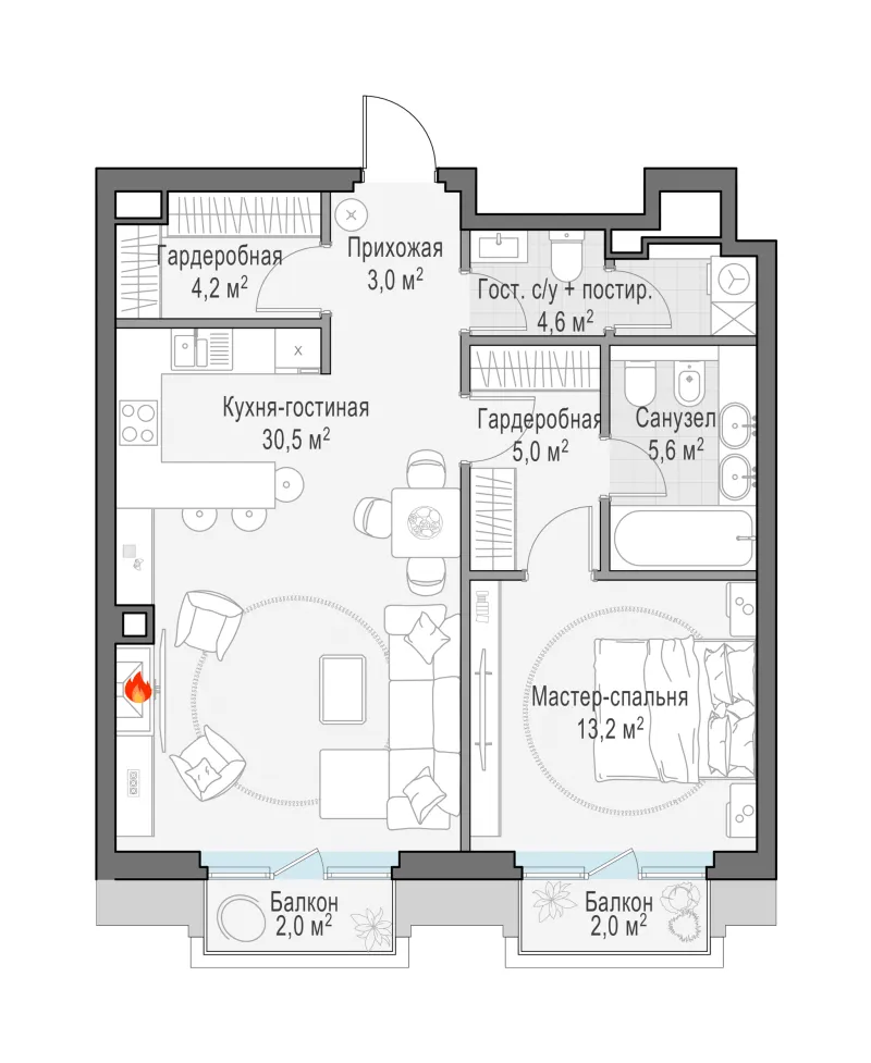 1-комн. 68.5 м²