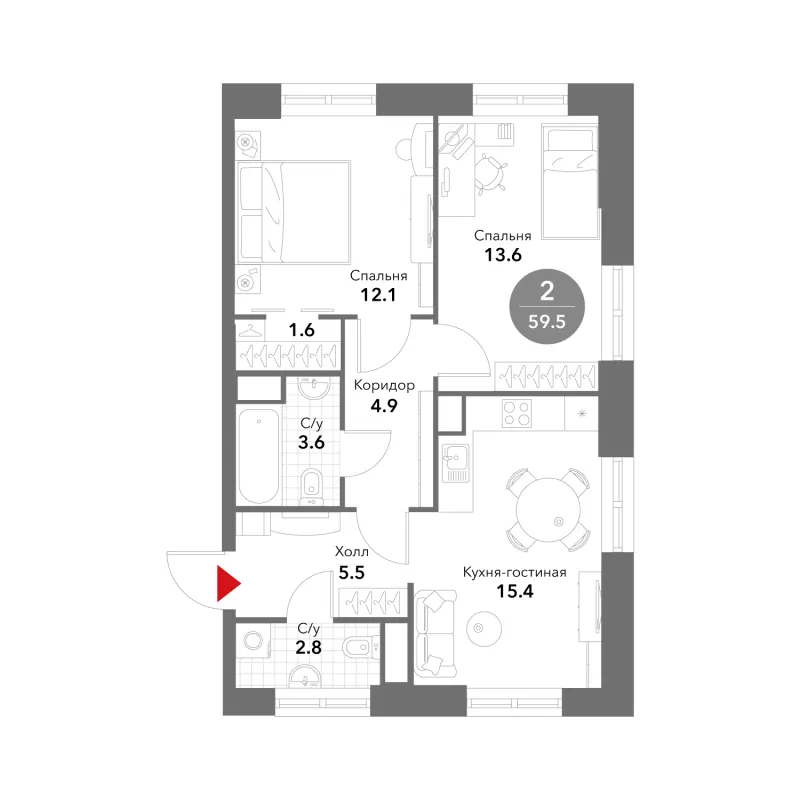 2-комн. 59.5 м²