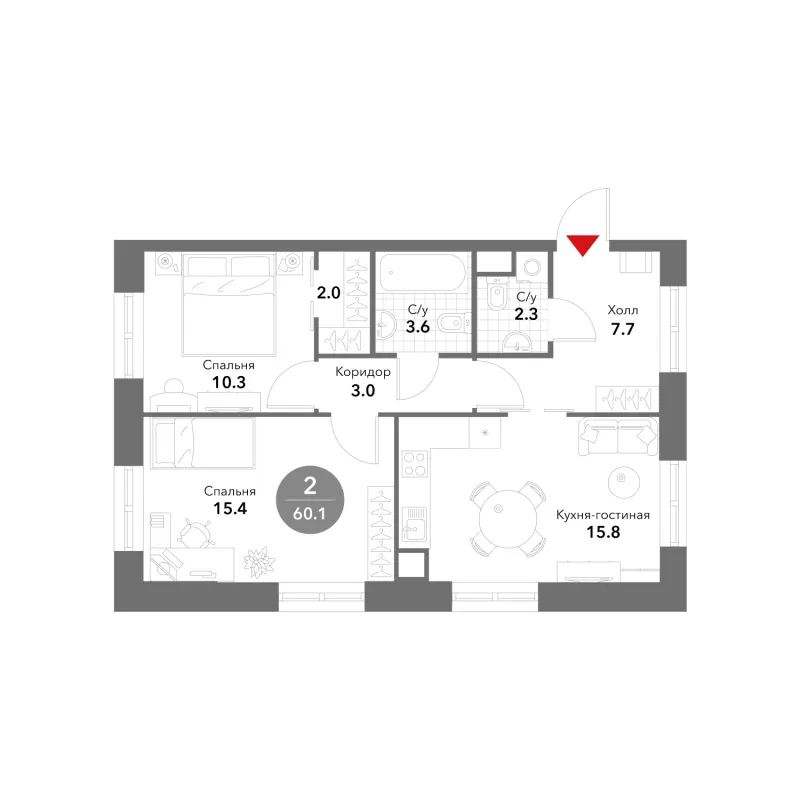 2-комн. 60.3 м²