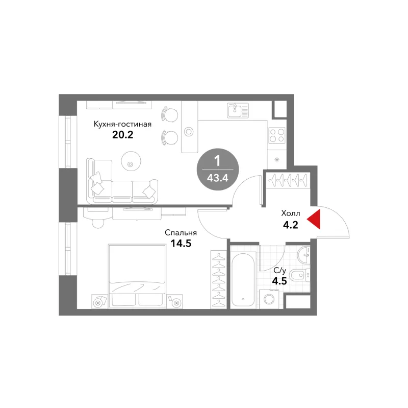 1-комн. 43.4 м²