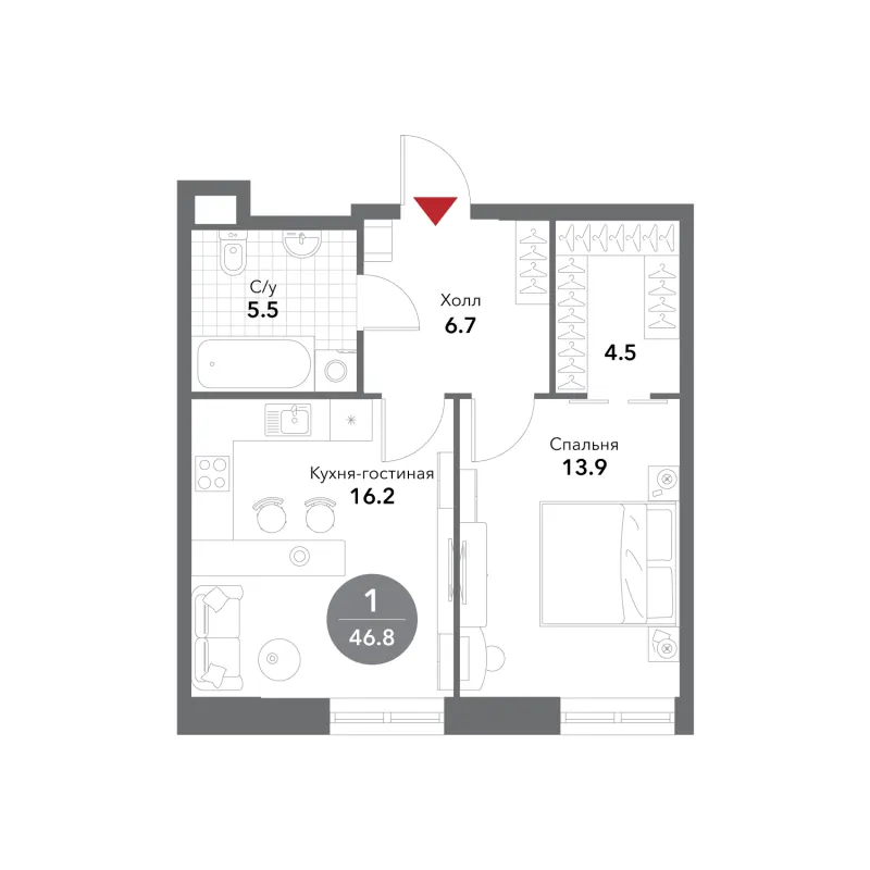 1-комн. 46.8 м²