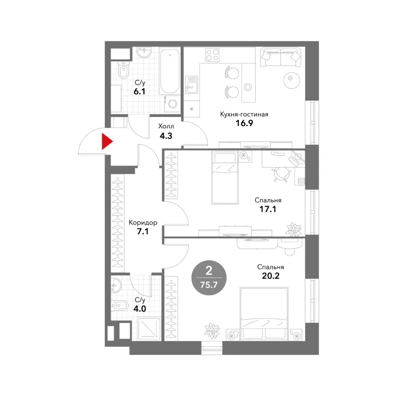 2-комн. 75.7 м²