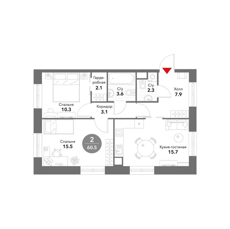 2-комн. 60.5 м²