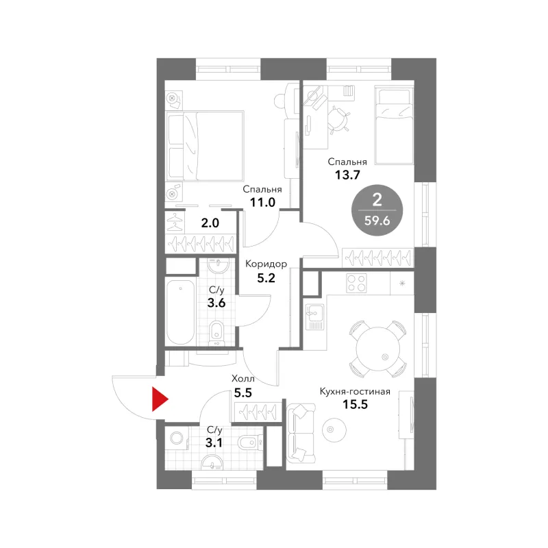 2-комн. 59.8 м²