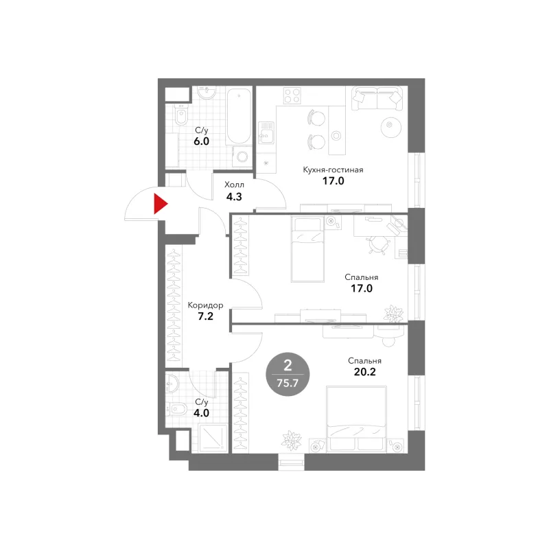 2-комн. 75.9 м²