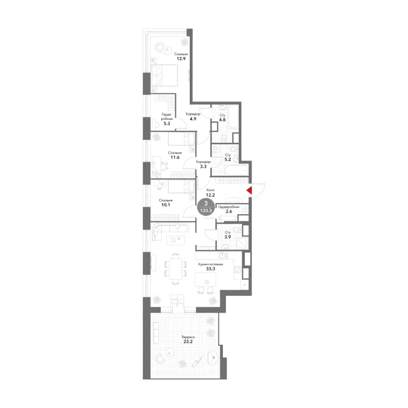 3-комн. 133.3 м²