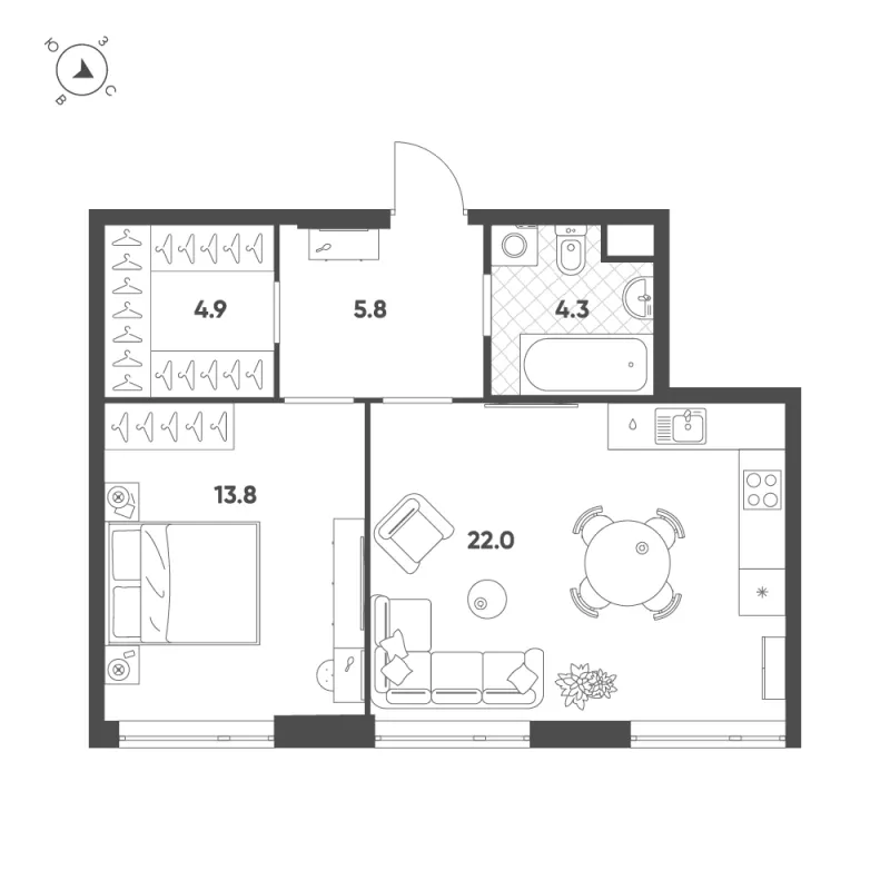 1-комн. 50.8 м²