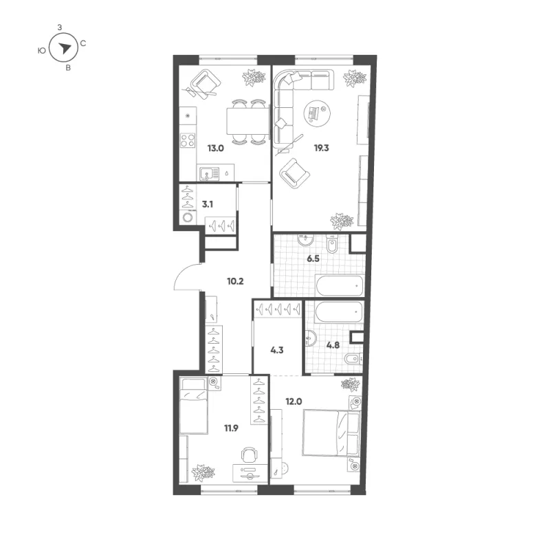 3-комн. 85.1 м²