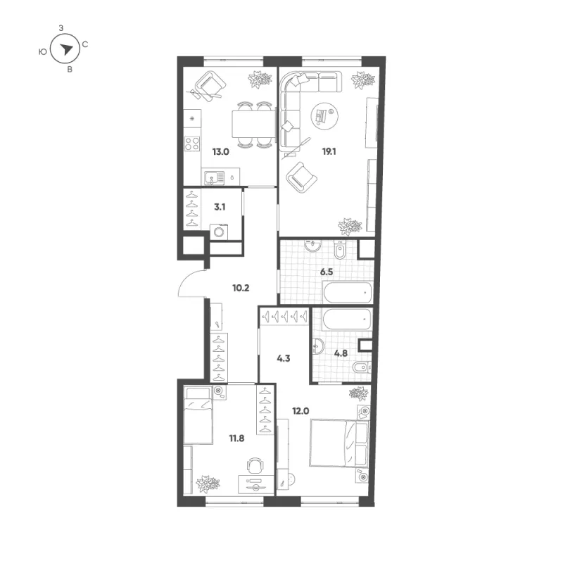 3-комн. 84.8 м²