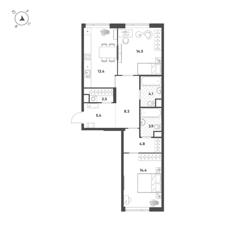 2-комн. 71.3 м²
