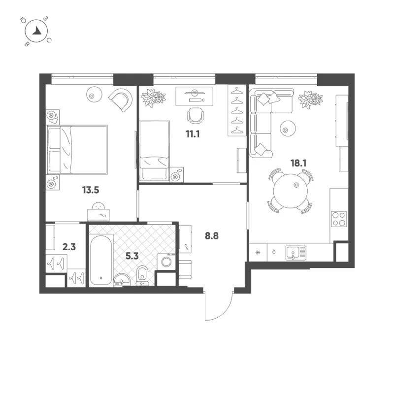 2-комн. 59.1 м²