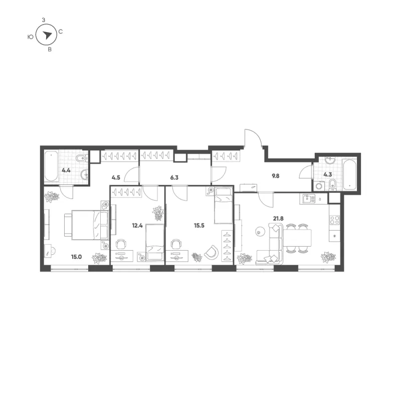 3-комн. 94 м²