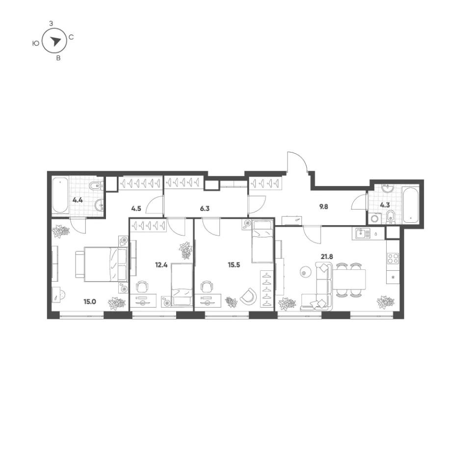 3-комн. 94 м²