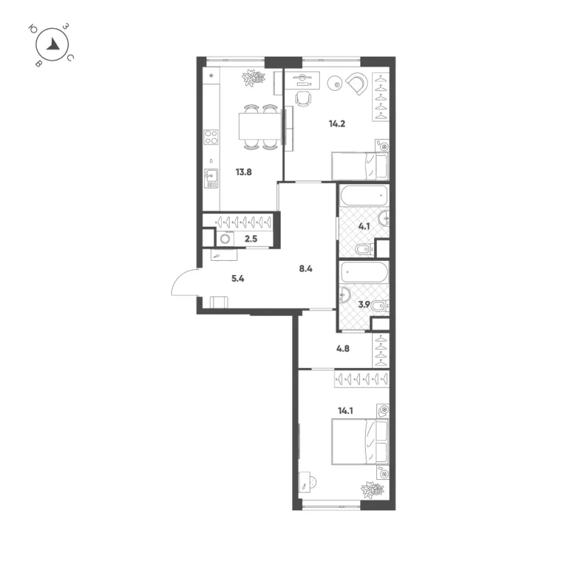 2-комн. 71.2 м²