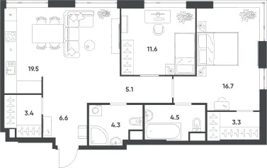 2-комн. 75 м²