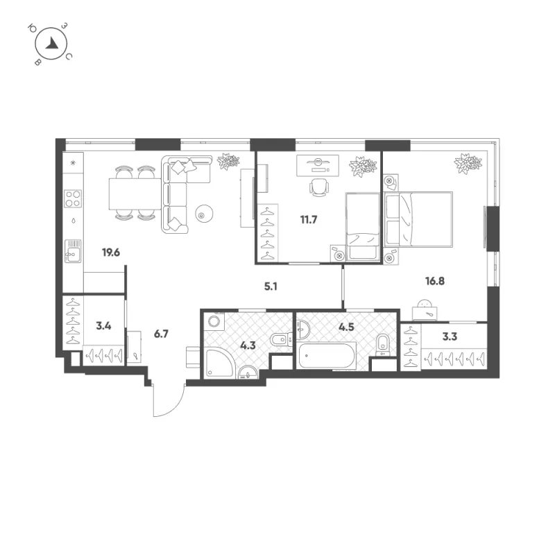 2-комн. 75.4 м²