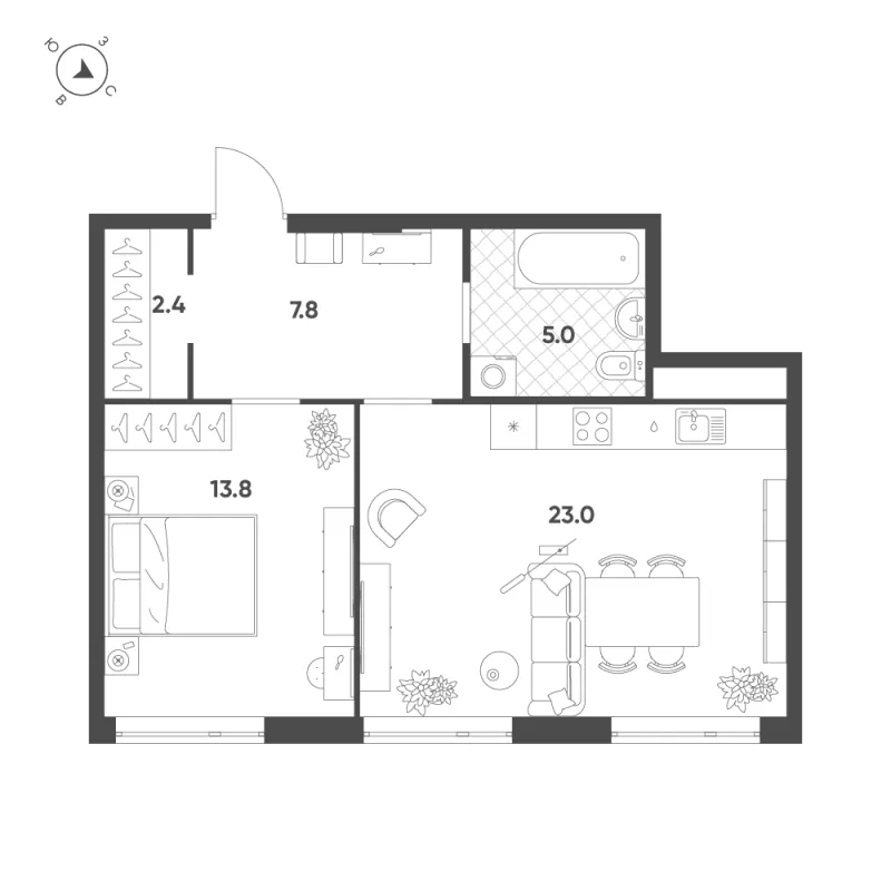 1-комн. 52 м²
