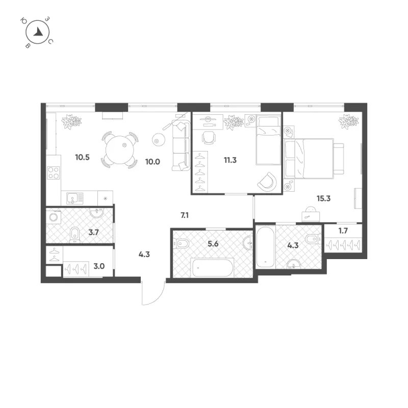 3-комн. 76.8 м²