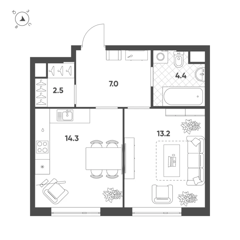 1-комн. 41.4 м²