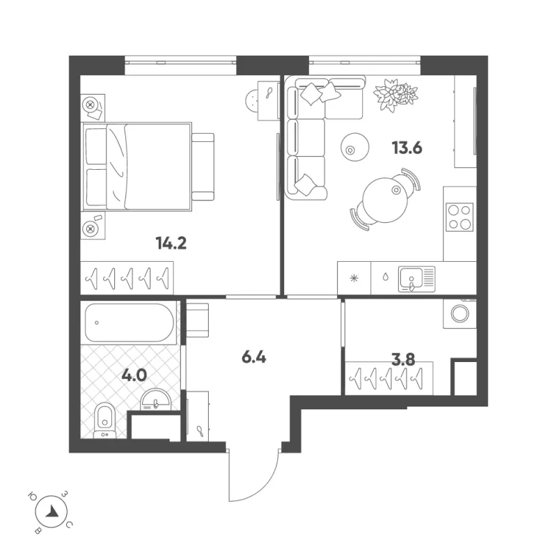 1-комн. 42 м²
