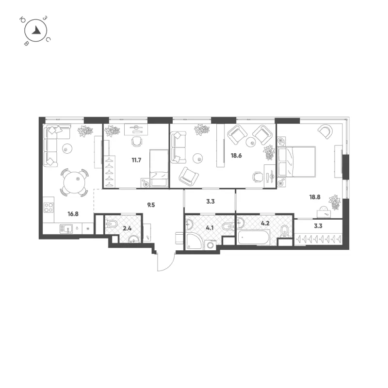 3-комн. 92.7 м²