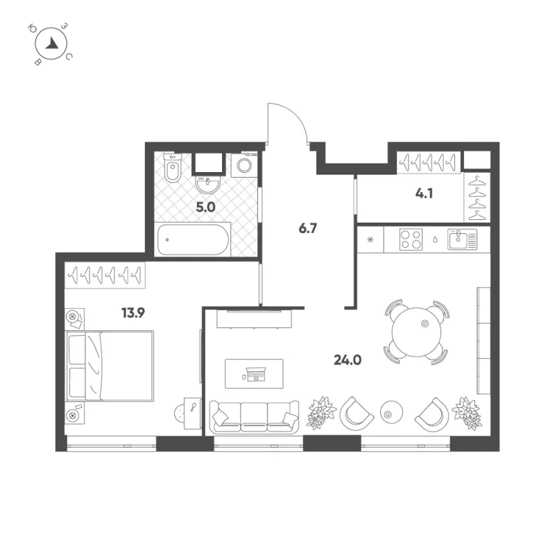 1-комн. 53.7 м²