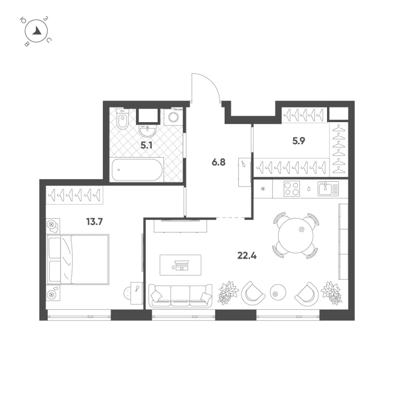 1-комн. 53.9 м²