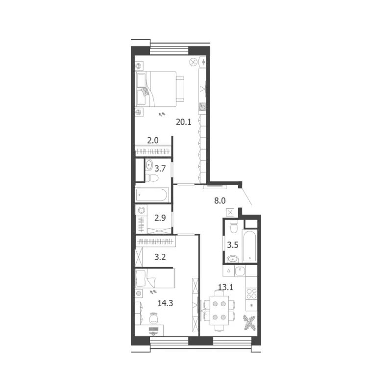 2-комн. 70.8 м²