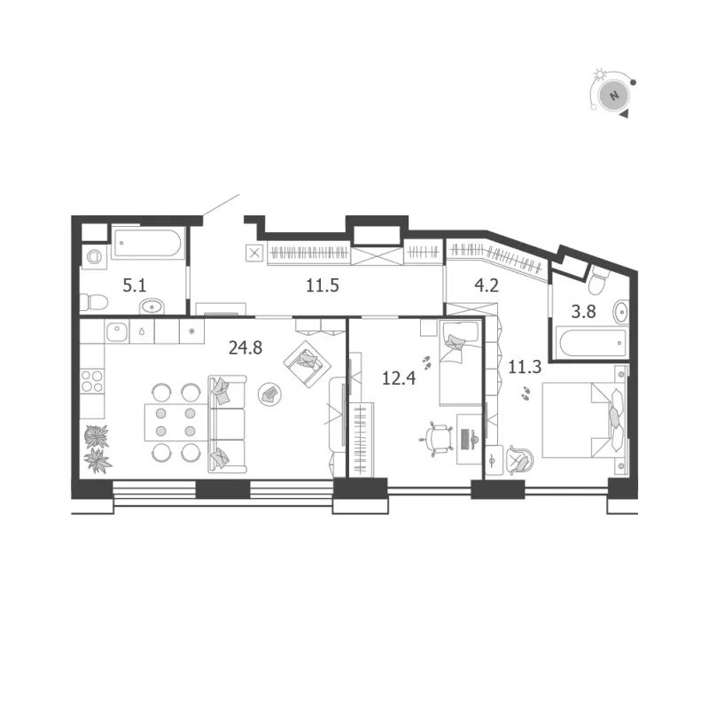 2-комн. 73.1 м²