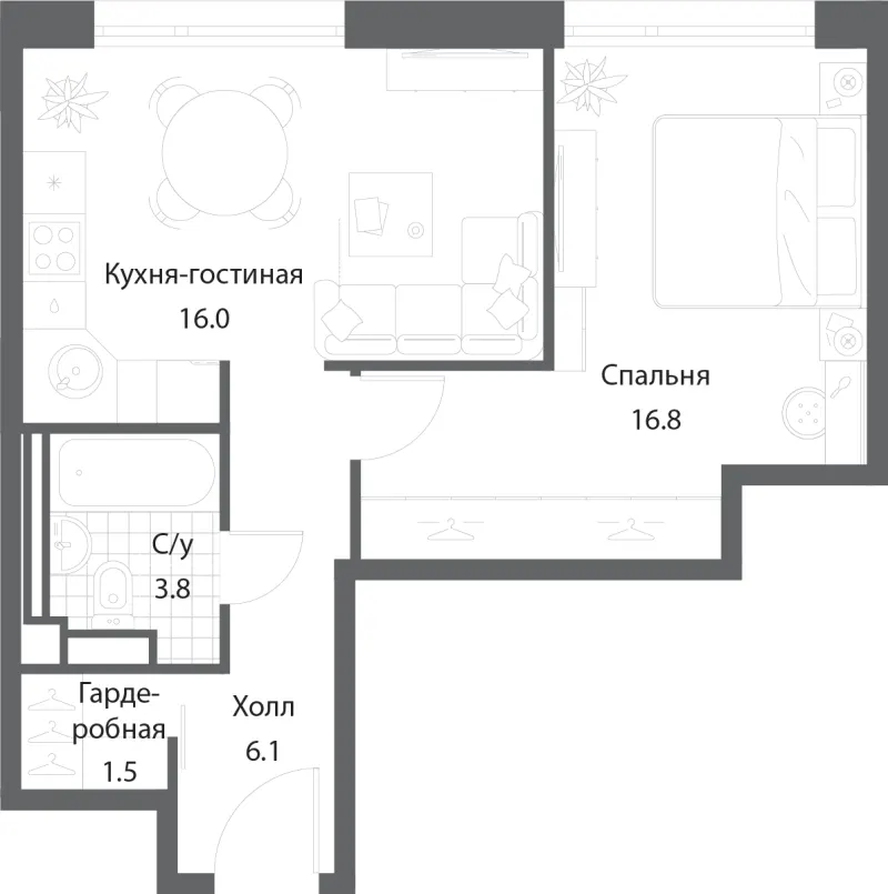 1-комн. 44.9 м²