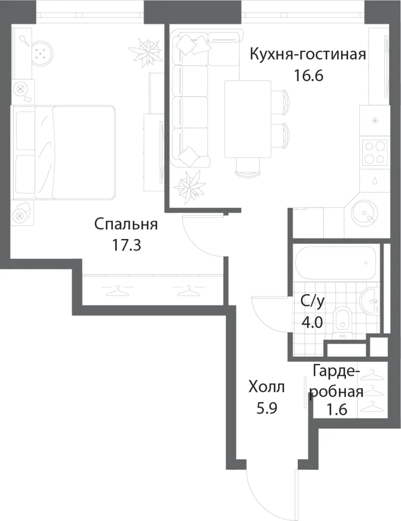 1-комн. 46.1 м²