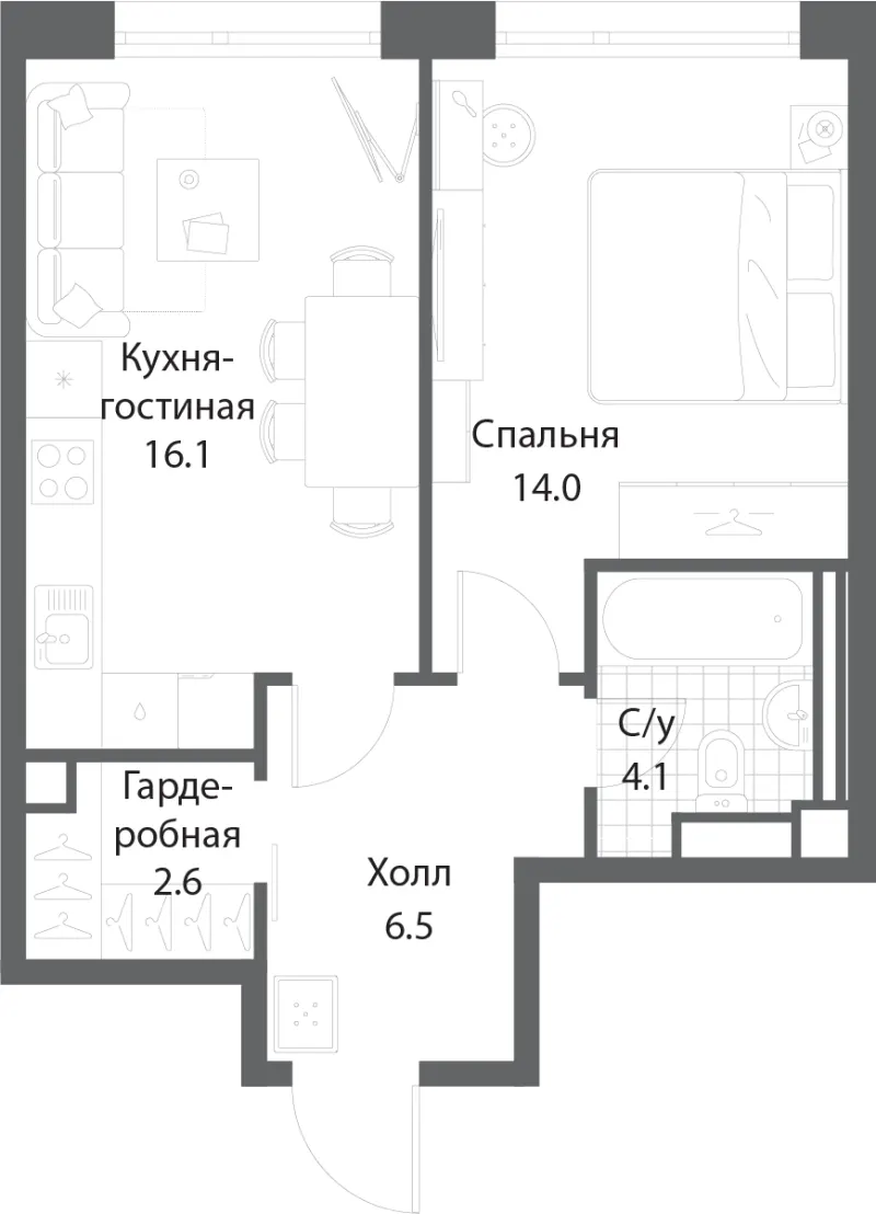 1-комн. 43.3 м²