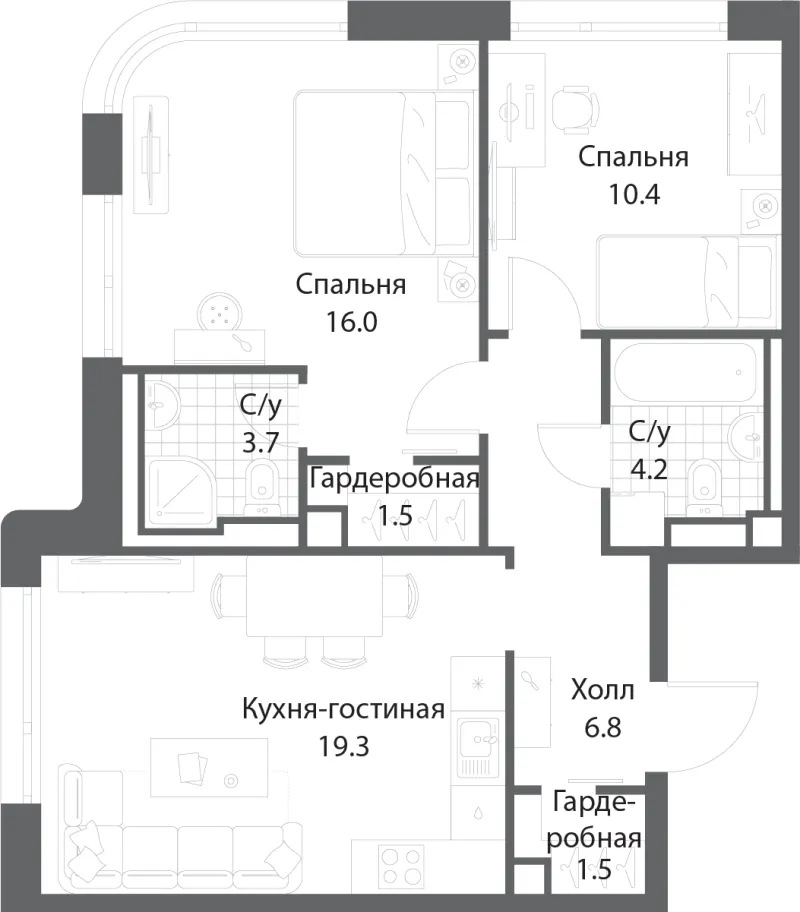 2-комн. 63.2 м²