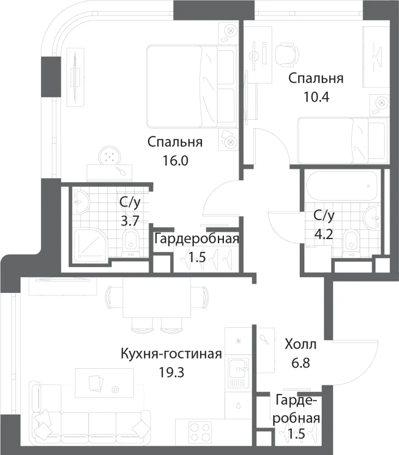 2-комн. 63.2 м²