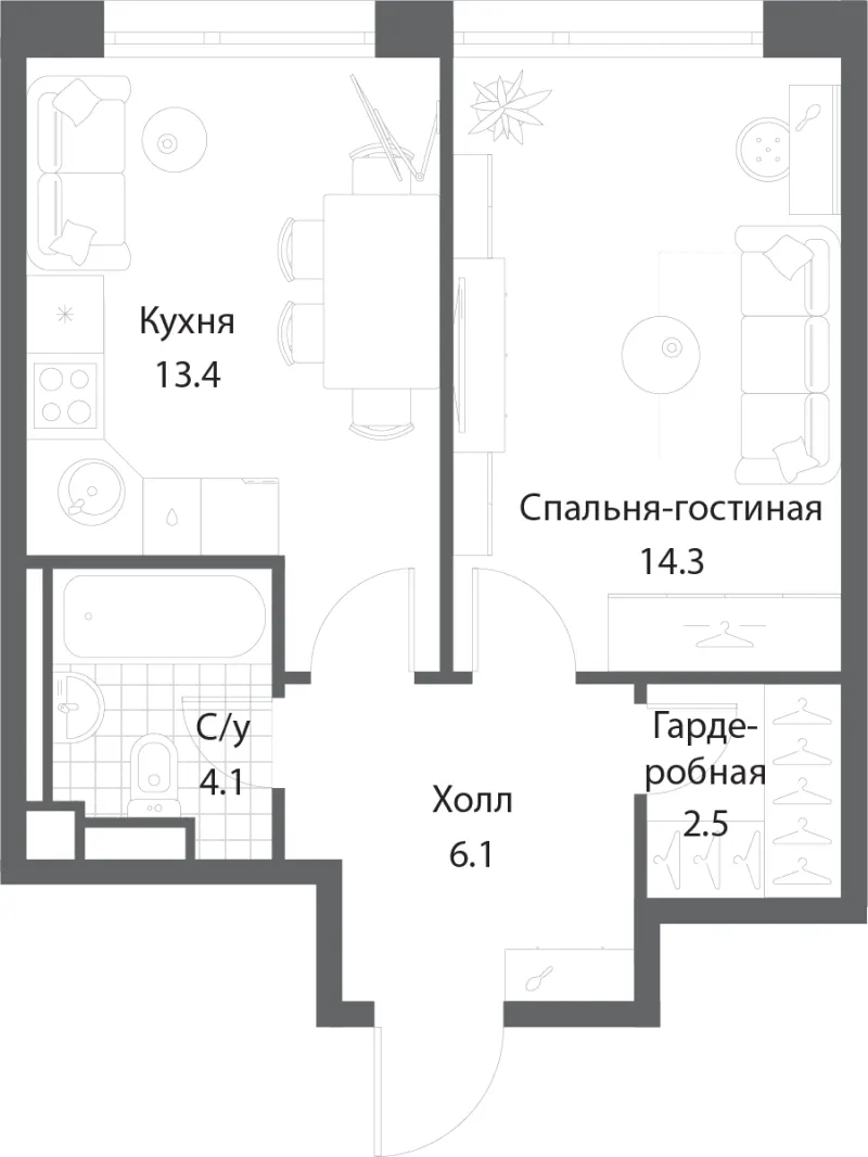 1-комн. 40.3 м²