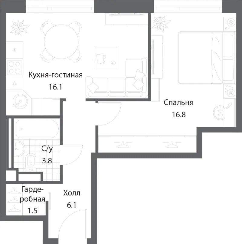 1-комн. 43.8 м²