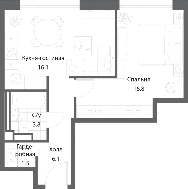 1-комн. 43.8 м²
